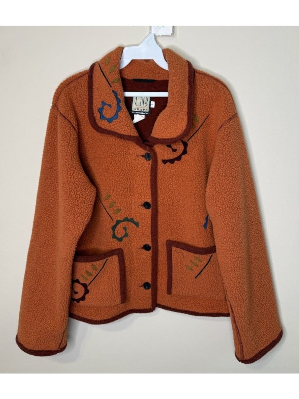 Vintage 90s Deep Pile Fleece Jacket Floral Embroidered Streetwewar Folk Art USA